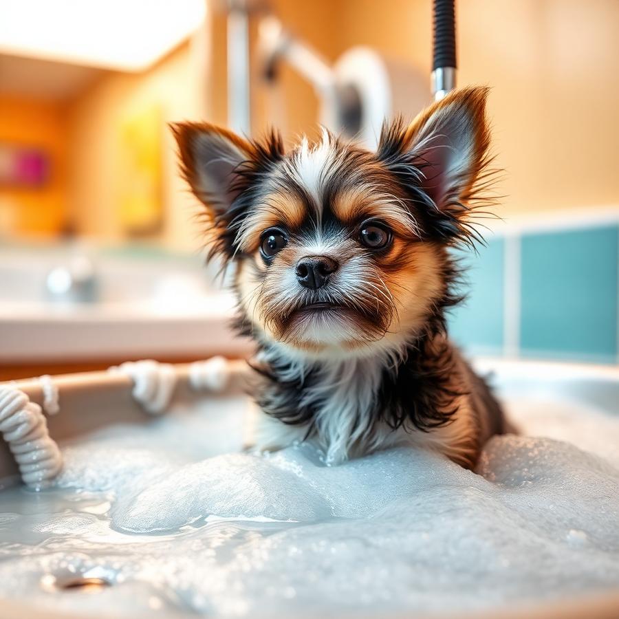 Cão pequeno tomando banho