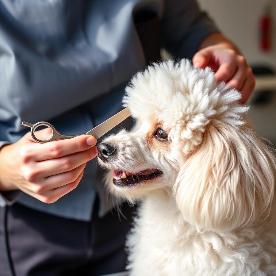 Groomer fazendo tosa na tesoura em poodle